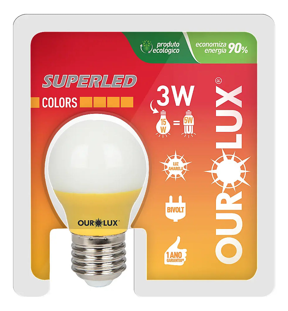 Lâmpada LED Ourolux Superled S30 3W Luz Amarela Bivolt E27 Bolinha