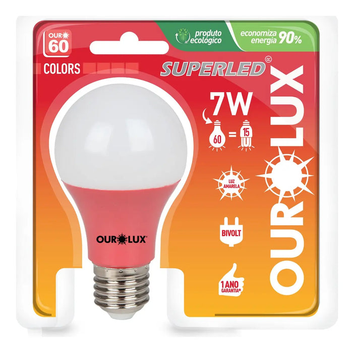 Lâmpada LED Vermelha 7W Ourolux Superled A60 Soquete E27